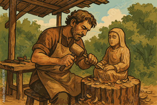 A caucasian adult male artist in an apron carves a wooden statue of a robed figure, surrounded by wood shavings and tools in an outdoor setting.
