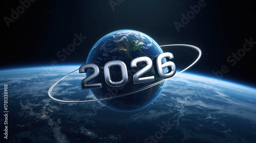 The year 2026 presented in a futuristic concept, with Earth and orbit surrounding the date.
