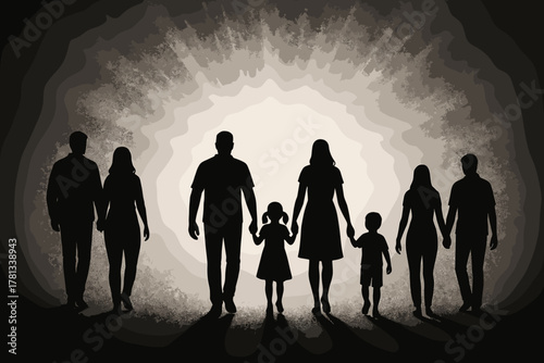 Silhouette of diverse families walking hand in hand, featuring six adults and two children against a textured, illuminated background.