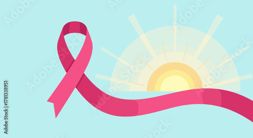 Pink awareness ribbon symbolizing support and hope with a bright sunrise in the background representing new beginnings and optimism.