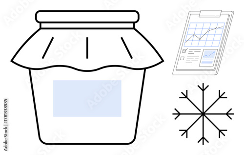 Lidded jar, snowflake, and report clipboard signify cold storage, preservation, and performance tracking. Ideal for food preservation, winter concepts, data analysis, planning efficiency