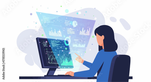 Woman analyzing data on computer screen with floating charts and graphs in a modern office setting shown