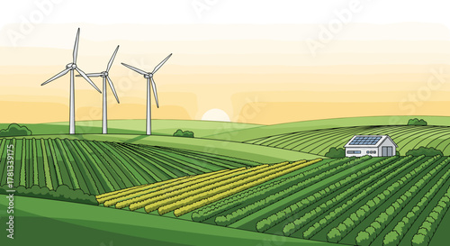 A serene landscape featuring wind turbines and solar-paneled barn, surrounded by lush green fields under a setting sun.