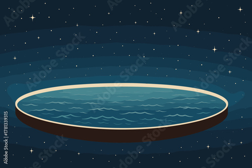 Stylized circular body of water floating in space, surrounded by a starry night sky with small twinkling stars.