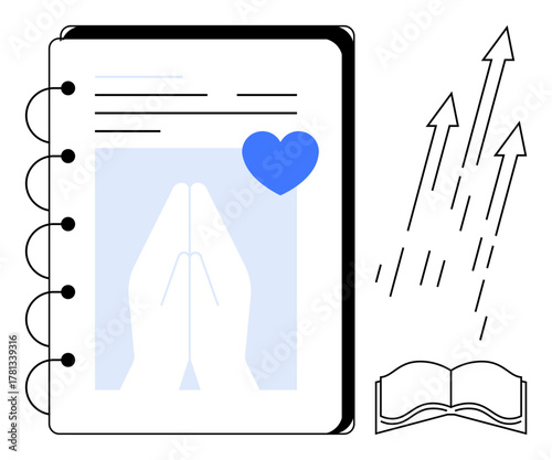 Notebook page with hands in prayer, a blue heart symbol, arrows pointing upwards, and an open book. Ideal for inspiration, spirituality, faith, motivation, journaling self-reflection minimal