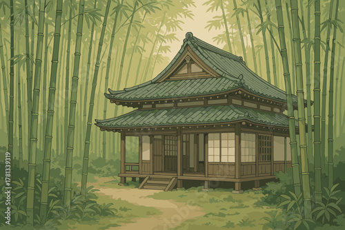 Traditional japanese wooden tea house surrounded by dense bamboo forest, featuring intricate roof design and serene atmosphere.