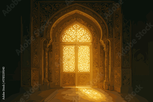 Intricately designed ornate doorway with golden light streaming through, framed by detailed arch patterns and elegant pillars.