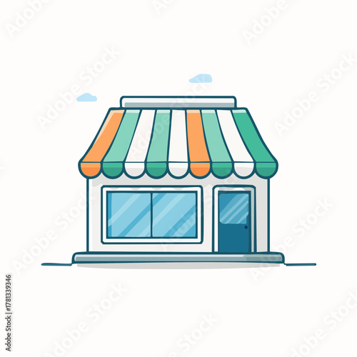 Simple cartoon storefront with green and orange striped awning and blue door on a white background shop