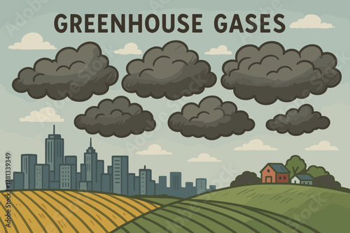 Cartoon illustration depicting a city skyline and rolling countryside under dark clouds labeled as greenhouse gases, highlighting environmental concerns.