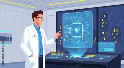 Scientist in lab coat interacting with ai hologram and futuristic control panel in a modern laboratory