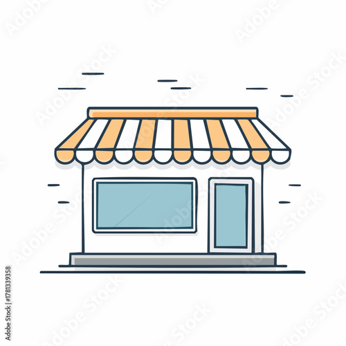 Minimalist cartoon shop with orange and white striped awning and blue door on a white background storefront