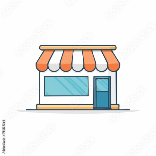 Cartoon shop with orange and white striped awning and blue door on a white background storefront store