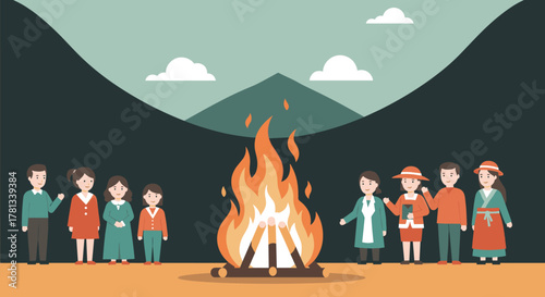 Cartoon illustration of a camping scene with families gathered around a large campfire in front of a mountain landscape, featuring diverse adults and children in casual attire.