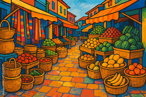 Vibrant and colorful market scene with baskets of fruits and vegetables, and colorful textiles lining the cobblestone street under bright awnings.