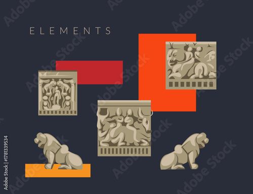 Motif Elements - Sanchi Stupa  -  Buddhist Complex - Stock Illustration