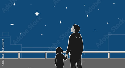 Silhouettes of an adult male and a female child standing on a balcony, gazing at a starry night sky.