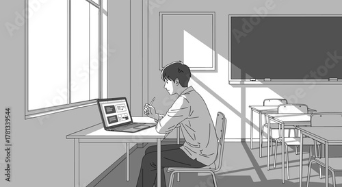 Young asian male teen studying at a desk in a sunlit classroom, focused on a laptop and holding a pencil.
