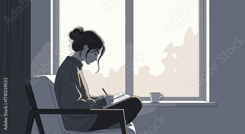 Young caucasian female adult writing in a notebook while sitting on a chair by a large window, with a cup of steaming coffee on the windowsill.