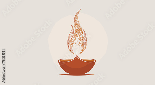 Ornate decorative flame design above a traditional brown clay oil lamp, symbolizing light and festivity.
