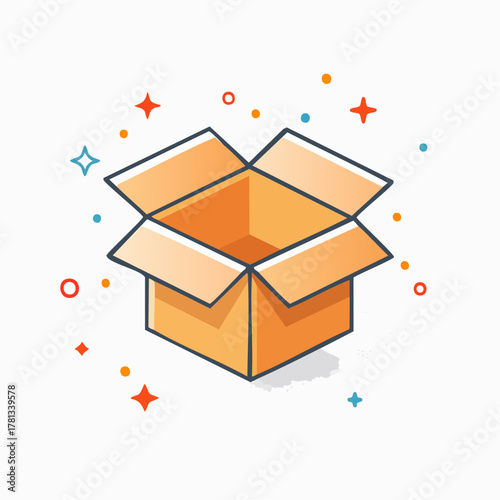 Open Cardboard Box with Orange Sides and Colorful Sparkle Elements on White package delivery