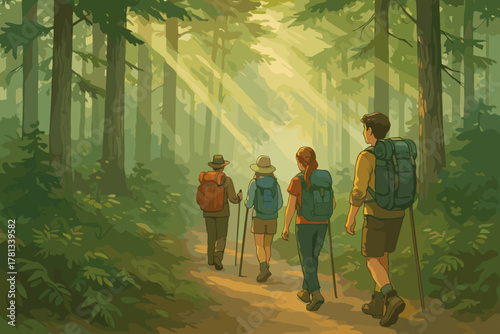 A diverse group of young adults hike through a sunlit forest trail, carrying backpacks and using walking sticks, surrounded by tall trees and soft light filtering through.