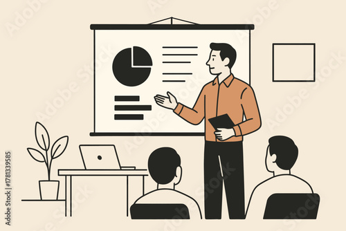 Young caucasian male professional presenting statistical data on a projection screen to two colleagues in an office setting.