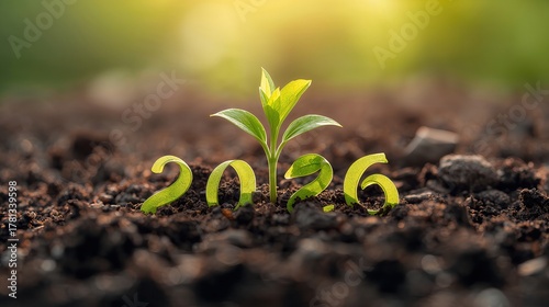 A hopeful sprout emerges from the earth, shaped into the year 2026, under a sunlit background.