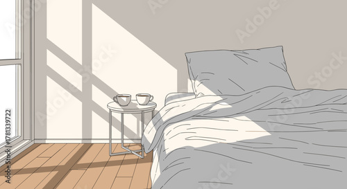 Sunlit bedroom corner featuring a neatly made bed with white sheets and a bedside table holding two coffee cups, casting shadows on a wooden floor.