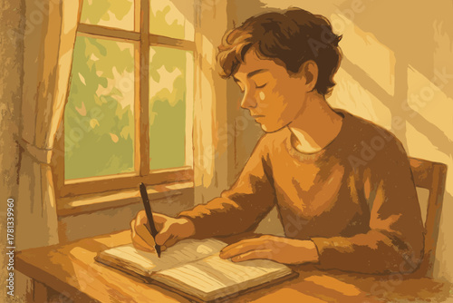 Young caucasian male writing in a journal with concentration, sitting by a sunlit window in a warmly lit room.
