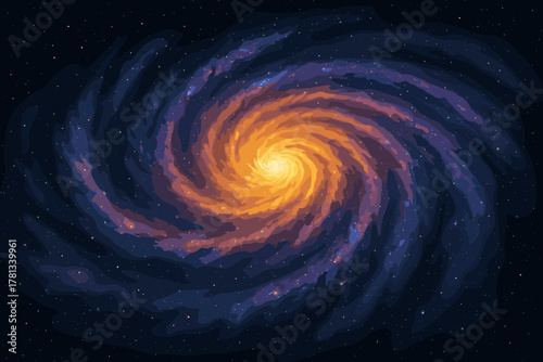 Vibrant spiral galaxy in space with glowing orange center and swirling blue and purple arms dotted with stars.