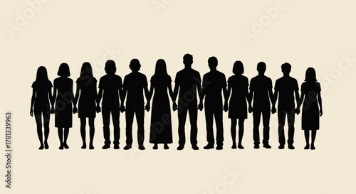 Silhouette of a diverse group of people, including men and women, standing side by side and holding hands, against a plain background.