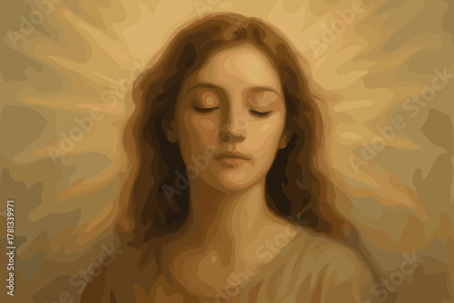 Abstract digital painting of a serene young caucasian female with closed eyes, surrounded by a radiant halo of warm colors.