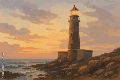 A solitary lighthouse stands tall against a dramatic sunset sky, casting a warm glow over the rocky shoreline and calm ocean waves.