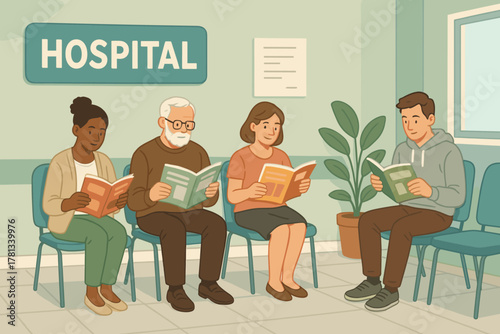 Four diverse adults, including two caucasian males, one caucasian female, and one african female, sitting in a hospital waiting room, each engaged in reading a magazine.