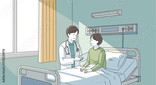 Male doctor reassuring a young male patient sitting up in a hospital bed in a sunlit hospital room, highlighting the care and attention in healthcare.