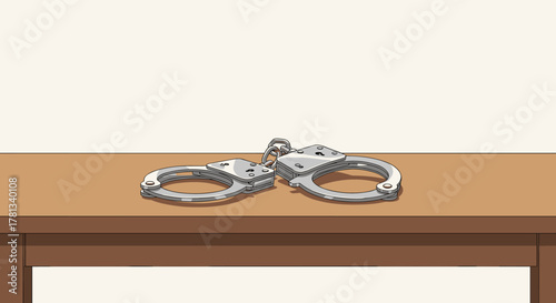 Metal handcuffs lying open on a wooden table, symbolizing law enforcement and security.