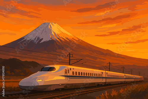 Sleek high-speed train traveling past majestic mount fuji with a vibrant orange sunset sky.