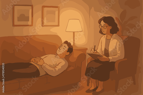 Young caucasian male lying on a couch during a therapy session with a female therapist taking notes under warm lighting.