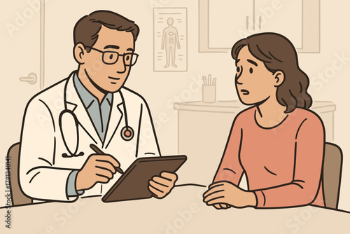 Male doctor with a stethoscope consults a concerned caucasian female patient using a digital tablet in a medical office setting.