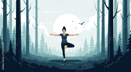 A woman practices yoga in a serene forest setting, standing in a tree pose with arms outstretched amidst tall trees and a full moon in the background.