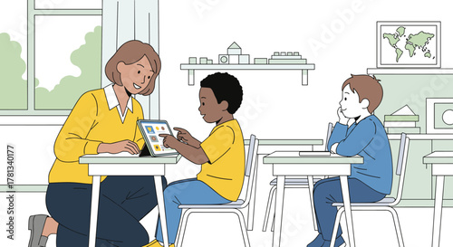 Female teacher engaging with two diverse children using a digital tablet in a classroom setting.