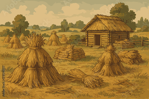 Rustic countryside scene depicting bundles of straw and a thatched wooden barn amid a pastoral landscape with scattered trees.