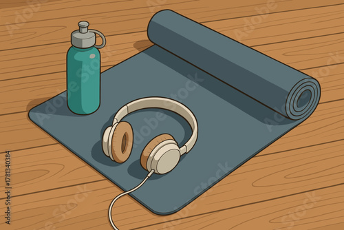 Rolled-up yoga mat with a pair of headphones and a water bottle, placed on a wooden floor, suggesting a scene of relaxation and exercise preparation.