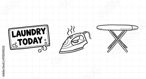 Laundry day essentials: ironing board and iron with fun sign message in sketch style