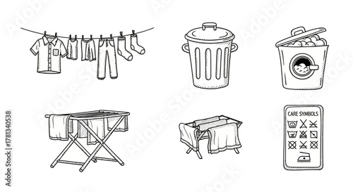 Hand drawn laundry icons: clothesline, baskets, washing symbols, sketch style