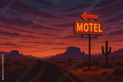 A retro neon sign reading "motel" with an arrow points left on a deserted road, set against a dramatic red and purple sunset sky in the desert.