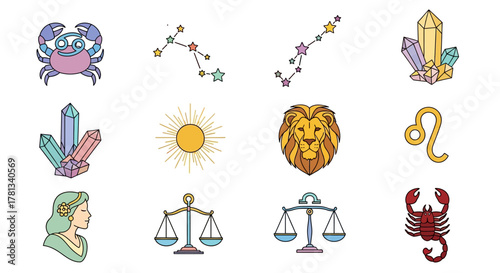 Colorful zodiac and astrology symbols with crystals and constellations