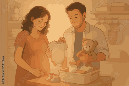 Young caucasian couple joyfully prepares for their baby in a cozy nursery, holding baby clothes and a teddy bear.