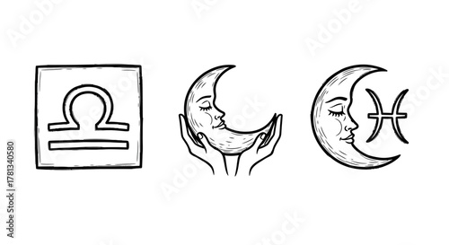 Elegant libra and pisces moon designs: celestial line art with faces