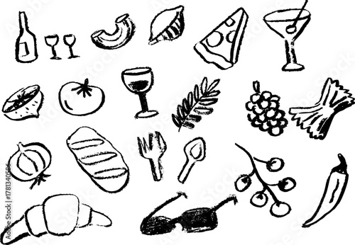 Food doodle set, a collection of black chalk style sketches featuring Italian cuisine, wine, and drinks. Hand drawn collection of ingredients and objects with a rough, whimsical texture.